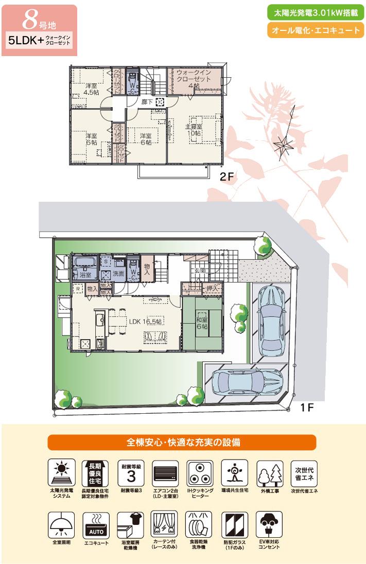 Floor plan.  [No. 8 locations] So we have drawn on the basis of the Plan view] drawings, Plan and the outer structure ・ Planting, such as might actually differ slightly from.  Also, furniture ・ Car, etc. are not included in the price.