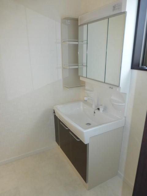 Wash basin, toilet. Vanity of triple mirror