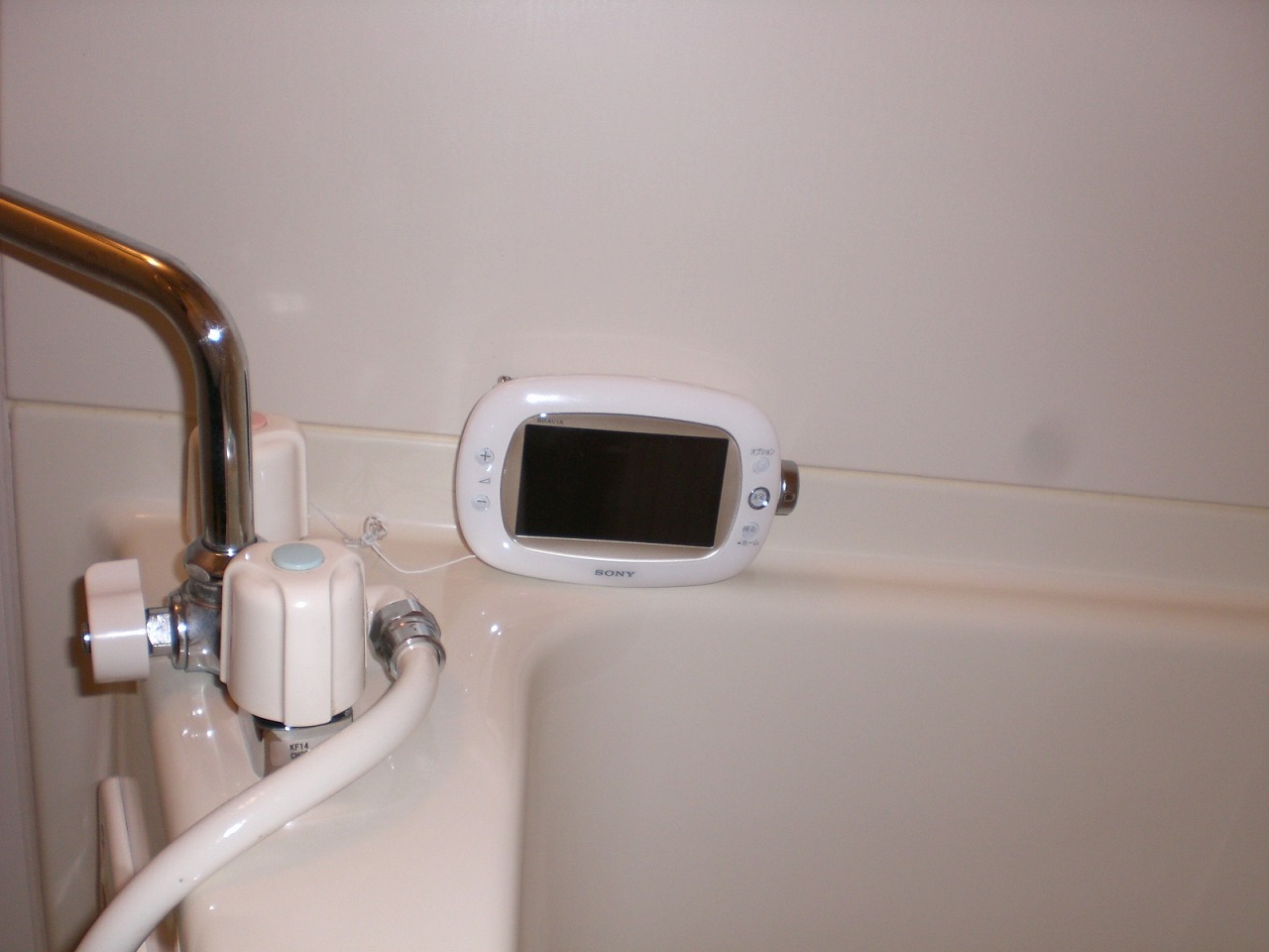 Bath. TV is seen in the bath