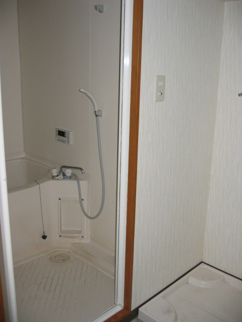 Bath. Washing machine is with bread