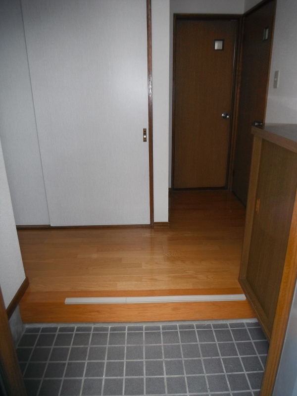 Entrance. Footwear entering the right side of the screen. Front sliding door is housed. 