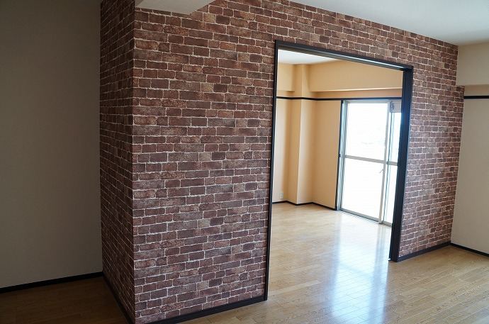 Living and room. Stylish brick wallpaper