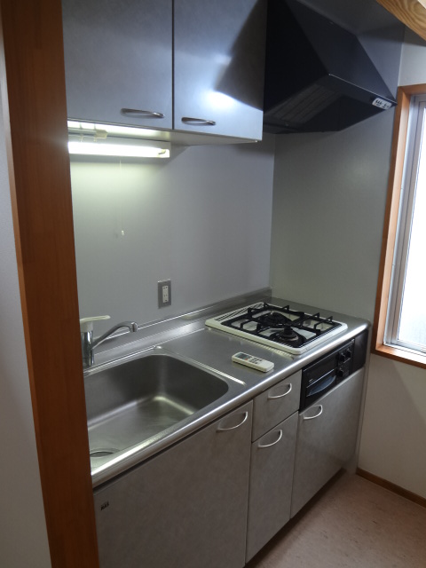 Kitchen. System kitchen. It is bright because there is a window.