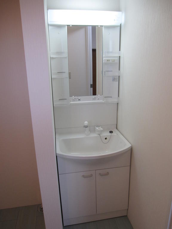 Washroom. Washing machine is put in the space next to.