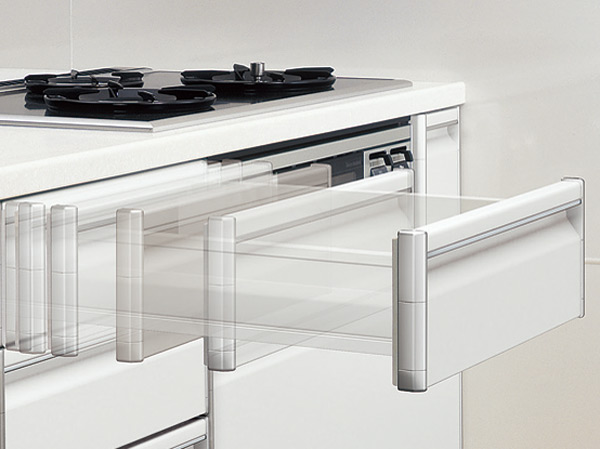 Kitchen.  [Soft closing function] Adopt a soft-closing function is to slide storage. Take a brake just before the close, It closed then slowly, It reduces the impact sound. (Same specifications)