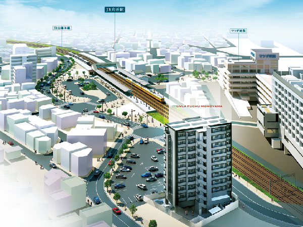 Buildings and facilities. To the newly reborn town by readjustment project, A new life will start. Also the level of comfort and peace of mind, Enhance and to appropriate to the new town dimension, I was raised to draw the residence to meet the ideal of the family. (Exterior view)