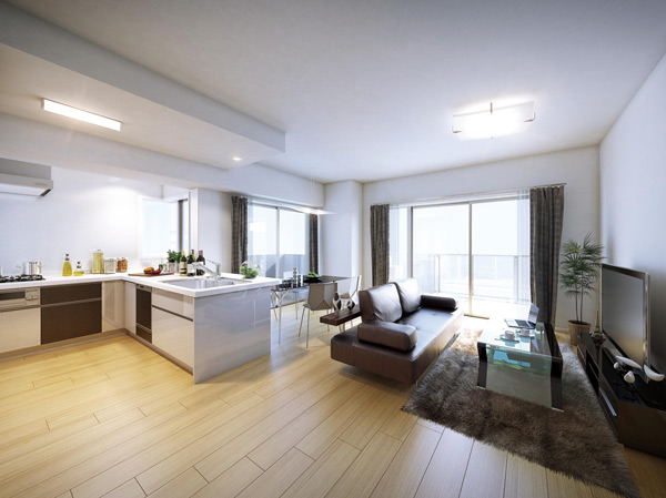 Room and equipment. Space gather the family, The main stage of the house full of feeling of opening that has been wrapped in light and wind. (A type Rendering)