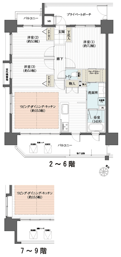 Floor: 3LDK, occupied area: 72 sq m, Price: 30,300,000 yen ~ 32,600,000 yen