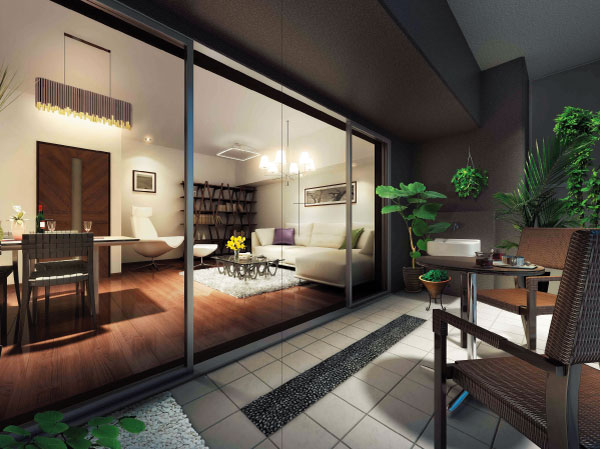 balcony ・ terrace ・ Private garden.  [balcony] To the location where it can be said that the center of the private residence, Living room Let's make the spread and the room is, To look into the Chi wants to face the day and night, It is the bliss of the space of relaxation and a feeling of opening. (A type balcony Rendering)