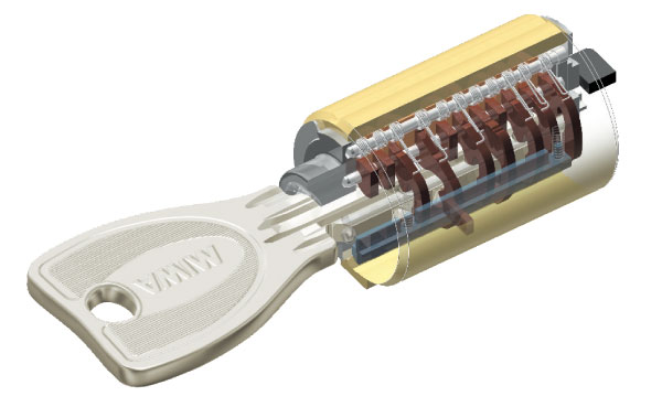 Security.  [Dimple key] Adopt a dimple key that corresponds to the picking damage to the front door. It prevents replication in complicated key pattern of 100 billion ways. (Conceptual diagram)