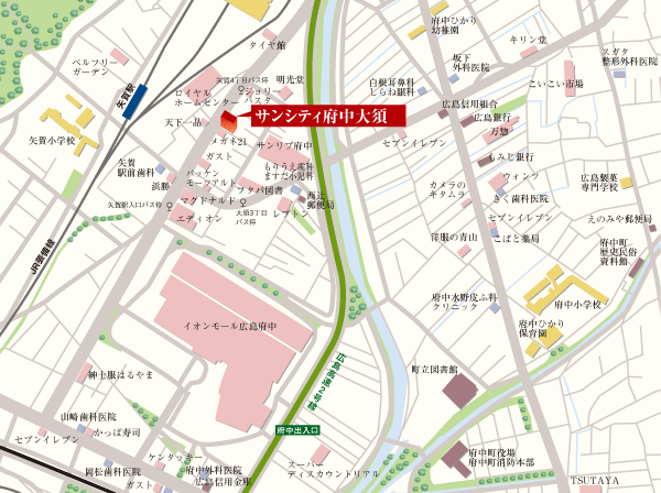 Surrounding environment. Fuchu life convenience facility is aligned Osu. Nimble footwork is proud of the center position. (Local guide map)