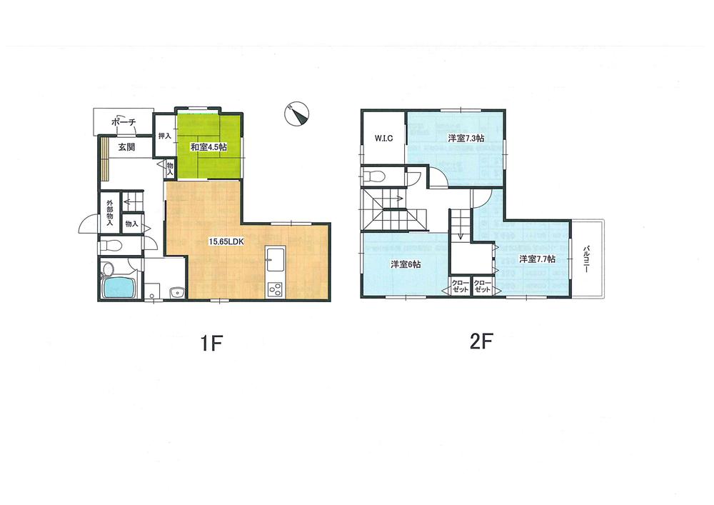 Floor plan. 31,300,000 yen, 4LDK + S (storeroom), Land area 108.68 sq m , Building area 110.07 sq m 1FK 15.65LDK  4.5 sum   2F  7.3 Hiroshi  7.7 Hiroshi  6 Hiroshi  WCL