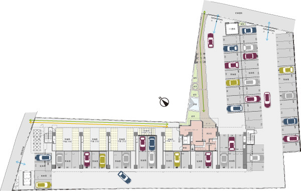 Shared facilities.  [It divided the flow line of people and motor vehicles, Ayumu car isolation design] In the "Arufasuteitsu Hatsukaichi center", In consideration to safety, Pedestrians to the entrance through the approach (sidewalk), Car onto a private car road, It was designed so as not to overlap with people and the dynamic lines of the car. The land plan by taking advantage of relaxed certain site, Aimed a comfortable life and safety. (Site layout)