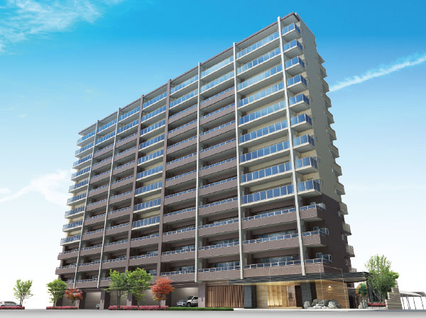 Shared facilities.  [Exterior - Rendering] Earth colors in a keynote shine appearance and glass balcony of white beautiful "Poresuta Saijo Bloom coat". As a place to nurture the forever happiness of your family, Stuck in appearance with a calm that does not fade over time.