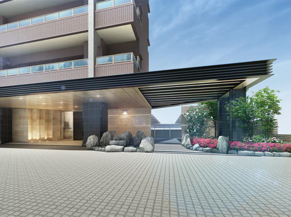 Buildings and facilities. Entrance to large overhanging eaves is to image the hotel is, Also rich color of natural stone and rich planting. The live family, And as the face of the house to welcome the customers, It has enough style and formality. Because in front of the entrance there is a porte-cochere, It is also useful in and out of the luggage. (Entrance approach Rendering)