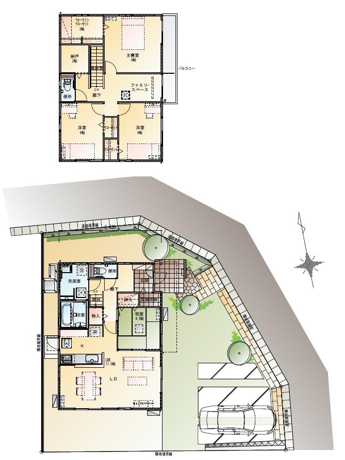 Floor plan.  [No. 1 destination] So we have drawn on the basis of the Plan view] drawings, Plan and the outer structure ・ Planting, such as might actually differ slightly from.  Also, furniture ・ Car, etc. are not included in the price.