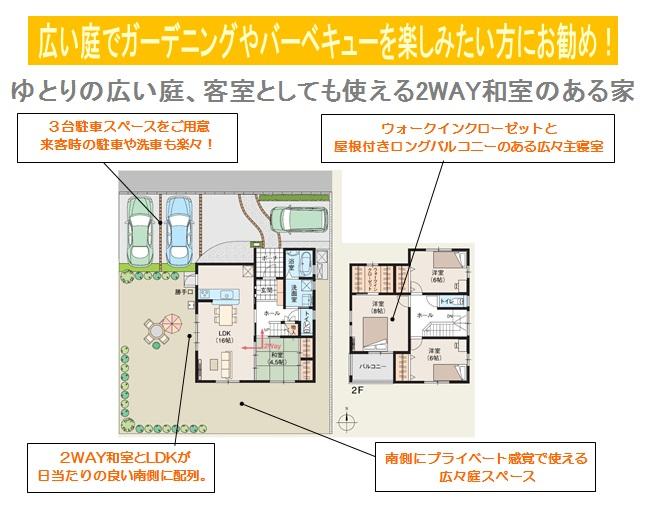 Floor plan. 19.9 million yen, 4LDK, Land area 197.85 sq m , Building area 104.33 sq m 3 cars parking space equipped. Guests can also enjoy a barbecue in the large garden. 