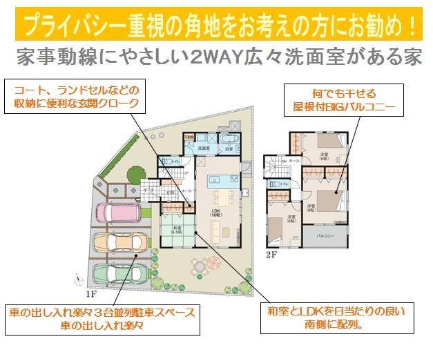 Floor plan. 28.8 million yen, 4LDK, Land area 165.07 sq m , Building area 103.5 sq m corner lot Parallel three parking + garden space Spacious lavatory + storage space All rooms are two-sided lighting Wide balcony