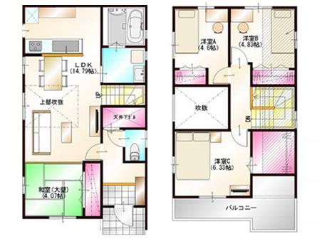 Building plan example / Construction area 52.25 sq m / 1F floor area 51.25 sq m / 2F floor area 39.75 sq m / Total floor area 91.00 sq m (27.52 square meters) / Building reference price 12.1 million yen