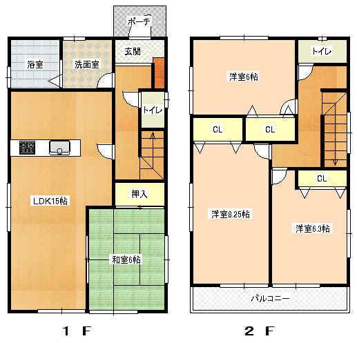 Floor plan. 30,800,000 yen, 4LDK, Land area 149.1 sq m , Building area 99.39 sq m 1F: LDK15 Pledge Japanese-style room 6 quires bathroom Wash Toilet 2F: Western-style 8.25 Pledge / 6.3 Pledge / 6 Pledge toilet