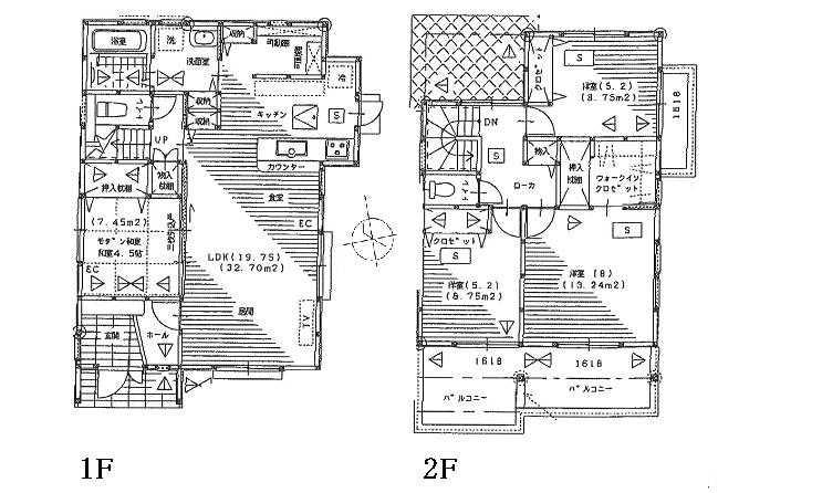 Floor plan. 27.5 million yen, 4LDK, Land area 198.98 sq m , Building area 107.65 sq m 1F 19.75LDK 4.5 sum 2F 8 Hiroshi WCL 5.2 Hiroshi 5.2 Hiroshi
