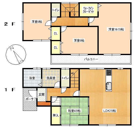 Floor plan. 25,800,000 yen, 4LDK, Land area 114.65 sq m , Building area 98.35 sq m 1F: LDK15 Pledge Japanese-style room 5 quires Wash bathroom Toilet 2F: Western-style 10.15 Pledge / 6 Pledge / 6 Pledge WIC toilet
