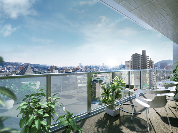 Living.  [balcony] To A type balcony Rendering, 9 floor equivalent than shooting of a point distant about 25m from local and by combining the view photographs (January 2013) was, In fact a slightly different.  ※ Glass railing is not adopted in part dwelling unit.