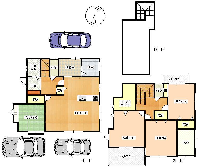 Floor plan. 32,800,000 yen, 4LDK, Land area 135.38 sq m , Building area 107.65 sq m 1F: LDK16 Pledge Japanese-style room 5 quires Wash bathroom Toilet 2F: Western-style 7.5 Pledge / 7 Pledge / 6.3 Pledge loft WIC Toilet rooftop