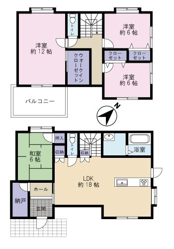 Floor plan. 34,500,000 yen, 4LDK + S (storeroom), Land area 195.23 sq m , Building area 120.1 sq m LDK18 Pledgeese-style room 6 quires, Hiroshi 12 Pledge, Hiroshi 6 Pledge, Hiroshi 6 Pledge