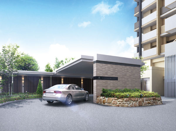 Shared facilities.  [Driveway Rendering] It established the "driveway" to the side of the approach, Passengers can get on and off at the front door, Achieve a smart life style.  ※ Less than, Rendering is that both were raised to draw on the basis of the drawings, In fact a slightly different. Planting and it has not been drawn on the assumption the state at the time of a particular season or tenants. Also, Guttering, Air conditioner outdoor unit, There is equipment, etc. that have not been reproduced evacuation hatch, etc..
