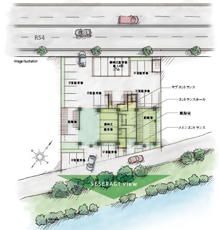 Shared facilities.  [Equipped with parking of all households worth on site] Parking to support a comfortable car life is, Plane parking 21 cars, We have prepared a mechanical parking 24 cars. Parking entrance is provided at two locations of National Route 54 highway side and the babbling park side. (Site layout)