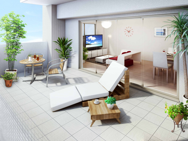 balcony ・ terrace ・ Private garden.  [Private terrace Rendering] It has adopted a tile pasting of the terrace on the south side. As outdoor living with a sense of unity of the living, To open available. of course, It is possible to enter and exit from the terrace usability is very comfortable.  ※ Ag type