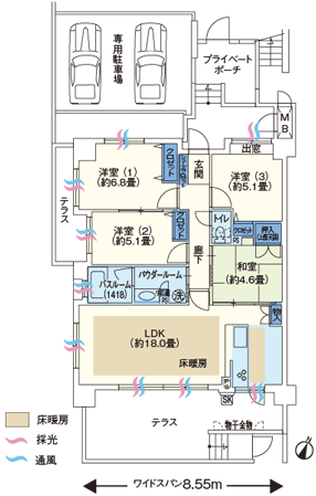 Room and equipment. Ag type 4LDK (occupied area / 83 sq m  Private porch area / 13.77 sq m  Terrace area / 28.32 sq m  Private parking area / 29.78 sq m  MB area / 1.35 sq m) premium dwelling unit of a private porch and detached sense of ensuring the 2 car private parking