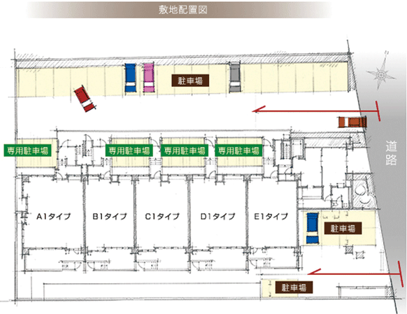 Buildings and facilities. bright, All houses facing south. further, Frontage also 7m ~ Achieve a wide Freon stage of 9.7m, By overflow planning to open a feeling, It invites a lot of light and wind in the room. further, The plane parking of all households minute were maintained on site. (Site layout)