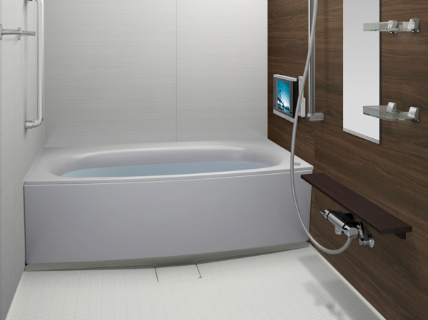 Bathing-wash room.  [Arcuate tub / e panel] Eliminating the corner of the tub edge, Rounded design is adopted beautiful bow bathtub. To further wall panel, Odor has adopted a non-PVC-based polyester-based resin sheet without any, Suppressing the generation of mold, Dirt of the surface is Otose in quickly people wipe. (Same specifications)