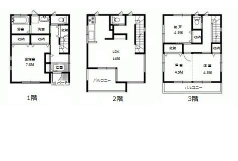 Floor plan. 42,800,000 yen, 3LDK + S (storeroom), Land area 105.5 sq m , It is a building area of ​​111.27 sq m urban three-story 3 floor is possible split On each floor there is a toilet