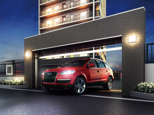 Shared facilities.  [To shut out the intrusion from the outside, Automobile dedicated shutter gate] Also consideration to crime prevention surface, Set up a dedicated gate with a shutter in the parking lot entrance. While shutter gate was riding in the car, Opening and closing the remote control is possible. (Shutter gate Rendering)