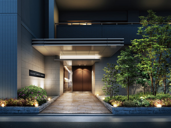 Shared facilities.  [Approach that Kaoru kindness while talking the dignity of the house] To welcome to approach the green color into the building. Entrance is located in front of the park, It is making you feel tenderness in the style. A tasteful color schemes and textures of earth color material, Season of flowers and trees to entertain up to passers is harmony in the quiet streets, Impress beautiful life in "Poresuta Danbara Premium". (Approach Rendering)
