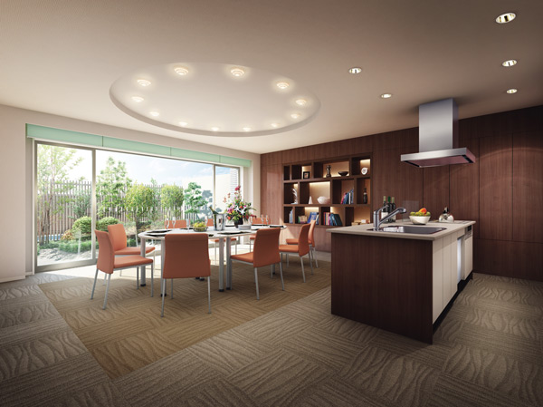 Shared facilities.  [Connect the circle of community, Equipped with party room] As a space that supports the exchange of community, It has established a party room. So that it can be also utilized to eating and drinking parties and cooking circles, etc., Also equipped with open kitchen. Facing the courtyard is open-minded design provided with a terrace. (Party room Rendering)