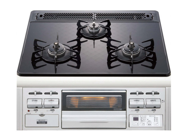 Kitchen.  [Glass top three-necked gas table] Three-neck type of excellent large and small to usability. The top plate is the easy-to-clean design of heat-resistant glass. (Same specifications)