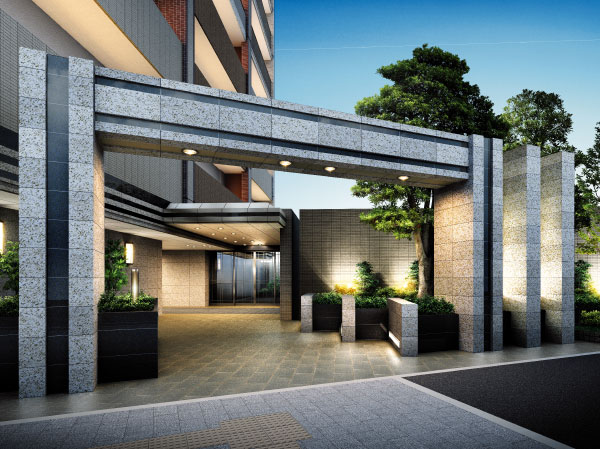 Shared facilities.  [To foresee the start of a proud space, 3m high natural stone paste of the entrance gate] The create a private space that apart from the bustling of the surrounding, Natural stone entrance gate and tiles of height 3m paste of design Wall. Also in its profound feeling, Welcome gently people and guests live the light of rich planting and faintly lit light. (Entrance Rendering)