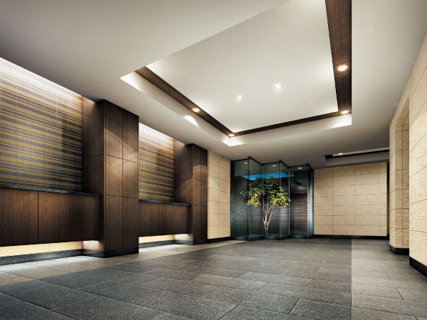 Shared facilities.  [Tsuboniwa and Oriage ceiling, Natural stone wall, Entrance Hall wrap gently coming and going person] Style the walls of the entrance hall as it is of the approach was also finishing in paste natural stone. The complement the wrapped space in the soft light of indirect lighting is, Tsuboniwa and Oriage ceiling. Sophisticated design has full of hospitality to come and go people. (Entrance Hall Rendering)