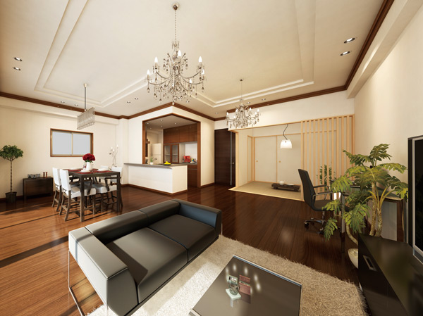 Room and equipment. In wide sash be incorporated into fully the carefree ceiling and light, Full of a feeling of opening room. Utility sink is easy-to-use kitchen, Also equipped with a dishwasher and water purifier. The entire room in the open counter overlooks, Also impetus conversation with family. (Living Rendering)