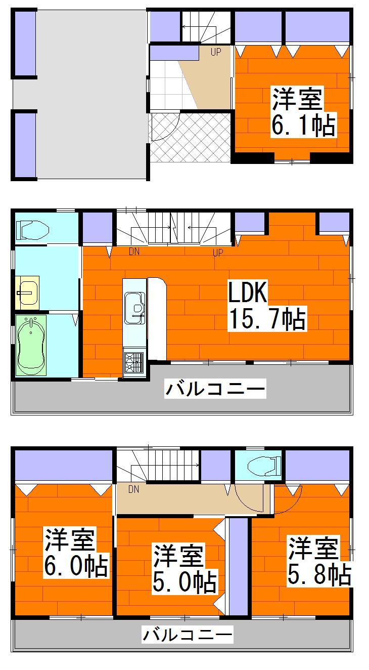 Floor plan. 2F has a wide balcony, Living is also sunny
