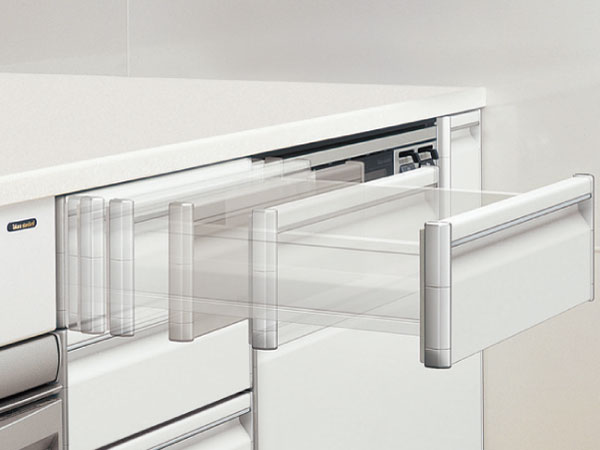 Kitchen.  [Soft Closing] Soft closing specification to absorb the impact just before the drawer is closed. It is without friendly design damaging the stored items. (Conceptual diagram)