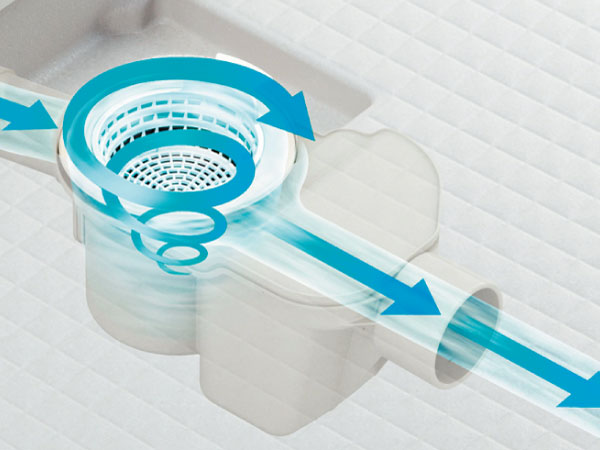 Bathing-wash room.  [Kururin poi drainage port] Use the remaining water in the bathtub, Adopt a drainage port for collectively the hair and dust in the power of the vortex. To make it easier to clean. (Conceptual diagram)