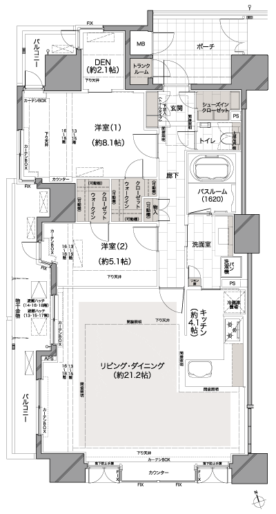 Floor: 2LDK + DEN + 2WIC + SIC + TR, the occupied area: 93.67 sq m, Price: 61.2 million yen