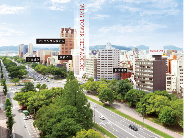 Buildings and facilities. Views that spread in front of the eye, Peace Boulevard green forest is pleasant. 19-storey, 54 House, Facing south. Downtown Tower apartment static and dynamic intersects. Also available LDK plan of the room more than 20 tatami mats.  ※ In fact a slightly different is subjected to a CG processing to those that were taken in June 2012.