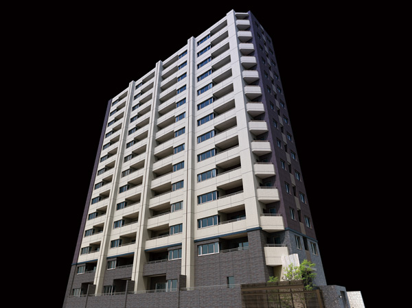 Shared facilities.  [Exterior - Rendering] Which was raised to draw on the basis of the appearance design (drawing of a modern form that emphasizes the vertical line, In fact a slightly different ※ Planting and it has not been drawn on the assumption the state at the time of a particular season or tenants. Guttering, Air conditioner outdoor unit, There is equipment that has not been reproduced evacuation hatch, etc.)