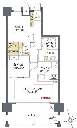 Footprint: 66.91 sq m , Balcony area: 16.69 sq m , Meter box area: 0.9 sq m (B type ・ 2LDK)